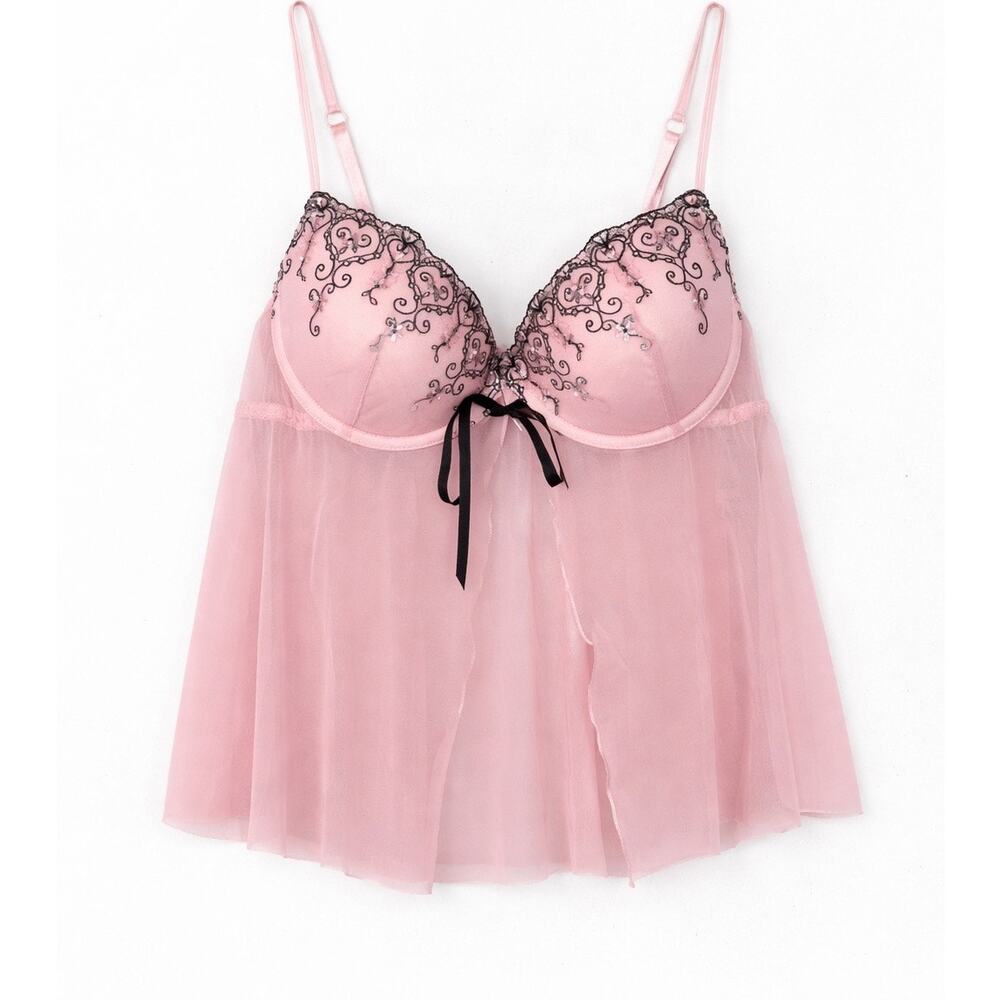 Inner Secrets Pink Lace Babydoll Lingerie Top | Sheer Mesh | Underwire Bra Cami